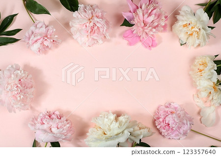Abstract flower composition with place for text, still life, spring, summer banner, beautiful spring peony flowers on light background, card for mother's day, women's day, valentine's day, happy 123357640