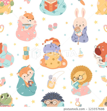 Cozy animals seamless pattern. Lion hippo hamster fox bunny in warm blankets and plaids. Cartoon animals childish print for fabric, nowaday vector background 123357686