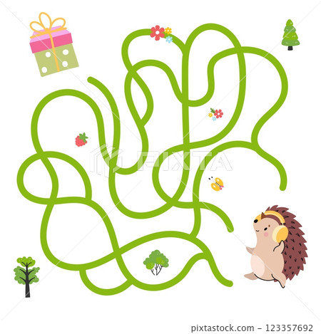 Kids puzzle game with hedgehog and gift. Little hedgehog find present for birthday. Children maze for kindergarten or preschool break, vector location 123357692