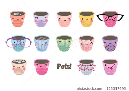 Kawaii cute pots characters. Isolated plant pot with different emotions. Funny planting gardening equipment in eyewear. Decorative vector clipart Kawaii cute pots characters. Isolated plant pot with different emotions. Funny planting gardening equipment in eyewear. Decorative vector clipart 123357693
