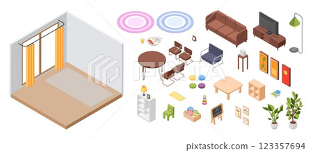 House room isometric location. Isolated furniture and home accessories. Sofa, armchair, living room table with chairs, decoration, vector constructor 123357694
