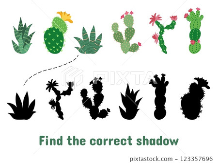 Game find correct shadow for toddlers. Isolated cartoon green cactus and cacti silhouettes. Children puzzle play for free time, vector background Game find correct shadow for toddlers. Isolated cartoon green cactus and cacti silhouettes. Children puzzle play for free time, vector background 123357696