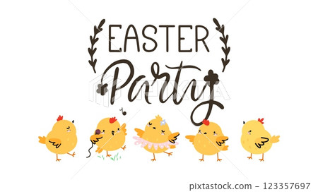 Easter party banner with fluffy yellow chicken. Cute chicks dancing singing and have fun. Spring festive time, seasonal handwritten phrase, vector template Easter party banner with fluffy yellow chicken. Cute chicks dancing singing and have fun. Spring festive time, seasonal handwritten phrase, vector template 123357697