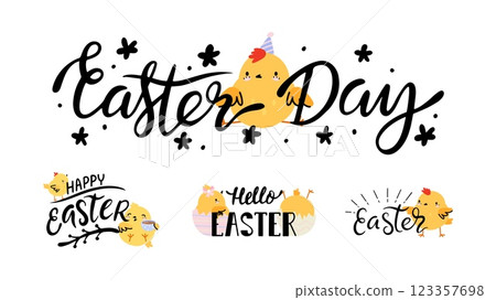 Easter handwriting phrases with cute yellow chicken. Happy Easter, spring holidays congratulated banners or stickers, decorative vector elements 123357698