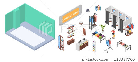 Clothing store location and elements. Isometric furniture for boutique, fitting room, cashier, shelves for clothes and shoes. Industrial interior design vector set 123357700