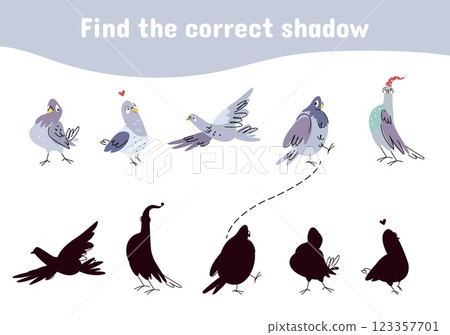 Children puzzle game with cute pigeons. Find correct shadow. Education play for toddlers, kindergarten preschool entertainment vector template Children puzzle game with cute pigeons. Find correct shadow. Education play for toddlers, kindergarten preschool entertainment vector template 123357701