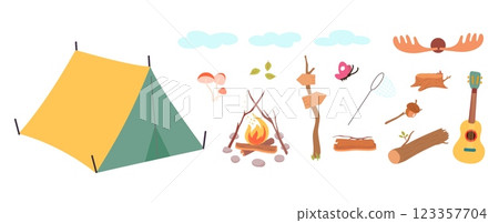 Camping cartoon elements. Isolated tent, fire, wooden log, leaves and destination sign. Net for butterfly, clouds and mushroom, vector landscape clipart Camping cartoon elements. Isolated tent, fire, wooden log, leaves and destination sign. Net for butterfly, clouds and mushroom, vector landscape clipart 123357704