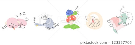 Animals sleeping in different poses. Dog pigeon snail crocodile and swan. Resting wild animal, insect, birds and pet. Isolated funny vector characters 123357705