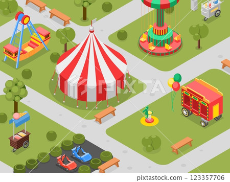 Amusement park and circus tent. Carousels and various swings, car rides, boat and balls. Mobile entertainments in city garden, isometric vector location 123357706