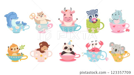 Animals sitting in mugs. Different animal looking from cups. Cartoon positive hamster and dolphin, sleeping monkey, birthday panda, nowaday vector set Animals sitting in mugs. Different animal looking from cups. Cartoon positive hamster and dolphin, sleeping monkey, birthday panda, nowaday vector set 123357709