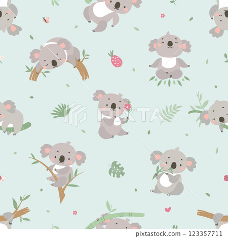Koala print seamless pattern. Stylish baby backdrop with australian animals. Funny koalas, fabric wallpaper wrapping print, nowaday vector background Koala print seamless pattern. Stylish baby backdrop with australian animals. Funny koalas, fabric wallpaper wrapping print, nowaday vector background 123357711