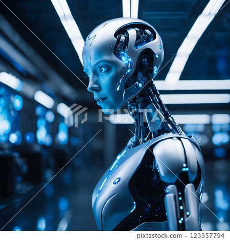 Futuristic Humanoid Robot in High-Tech Laboratory 123357794