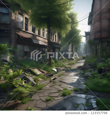 Abandoned Urban Street Reclaimed by Nature 123357798