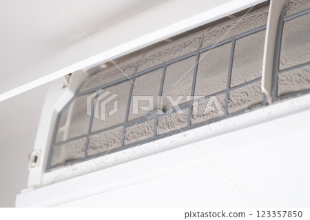 空調過濾器上積聚的灰塵圖像(庫存照片) 空調過濾器上積聚的灰塵圖像(庫存照片) 123357850