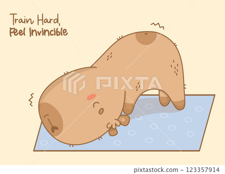 Cute capybara yoga stretching on mat. Funny Cartoon kawaii animal sportsman with motivational fitness quote. Vector illustration 123357914