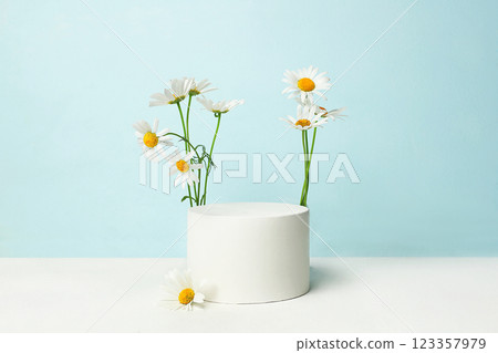 Premium stage for showcasing product and business concept. Minimal modern aesthetic. Beautiful flower arrangement with white daisies, empty product podium, elegant beauty concept, selective focus Premium stage for showcasing product and business concept. Minimal modern aesthetic. Beautiful flower arrangement with white daisies, empty product podium, elegant beauty concept, selective focus 123357979