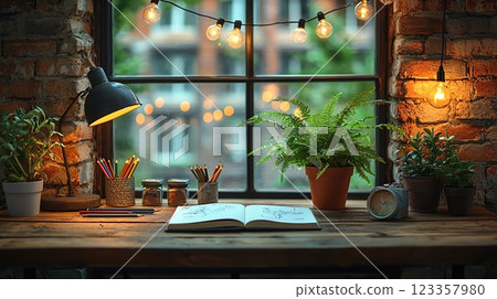 Cozy workspace with a view of plants and a sketchbook illuminated by warm lights in a rustic setting 123357980