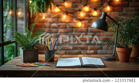 Creative workspace with sketchbook, colored pencils, and plants in a cozy atmosphere 123357981