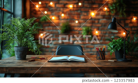 Cozy workspace with plants and warm lighting perfect for creative writing or study in an urban setting 123357983