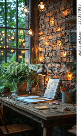 Cozy artist studio filled with plants and warm lights in a rustic setting during evening hours 123357989