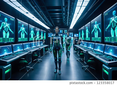 Futuristic Lab with Women in High-Tech Suits 123358017