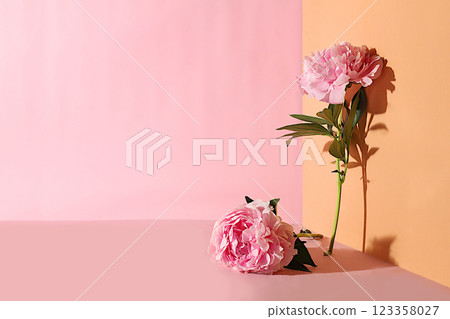 Abstract floral arrangement, empty podium for product and fresh peony flowers,Stage for demonstrating product and business concept. Minimal modern aesthetics.  elegant beauty concept, selective focus 123358027