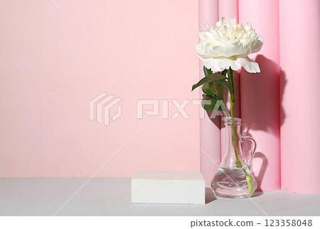 Stage for demonstrating product and business concept. Minimal modern aesthetics. Abstract floral arrangement, empty podium for product and fresh peony flowers, elegant beauty concept, 123358048