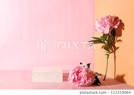 Minimal floral composition.Abstract background with empty podium and peonies flowers,empty showcase for display or presentation of cosmetic products,postcard with place for text,selective focus 123358064