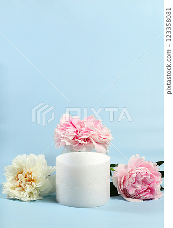Abstract floral arrangement, empty podium for product and fresh peony flowers,Stage for demonstrating product and business concept. Minimal modern aesthetics.  elegant beauty concept, selective focus 123358081