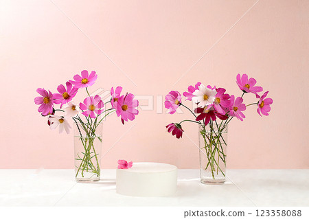 Abstract floral arrangement, empty podium for product and fresh chamomile flowers, stage for product display and business concept. Minimal modern aesthetics. elegant beauty concept, selective focus 123358088