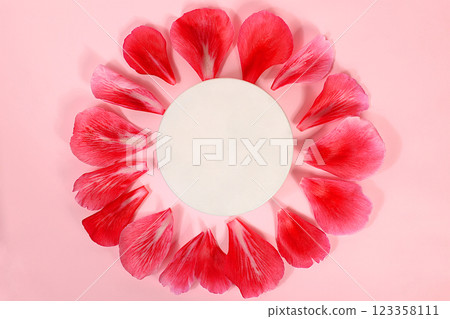 Abstract elegant background with light podium and peonies and rose petals, minimal floral arrangement, empty showcase for display or presentation of cosmetic products, natural products concept, Abstract elegant background with light podium and peonies and rose petals, minimal floral arrangement, empty showcase for display or presentation of cosmetic products, natural products concept, 123358111