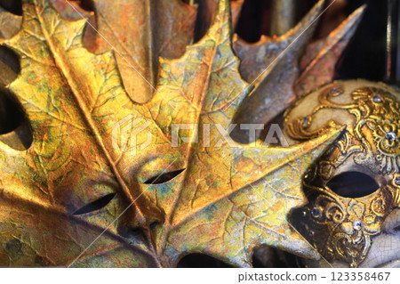 beautiful two realistic Venetian masks in golden color beautiful two realistic Venetian masks in golden color 123358467