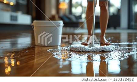 Person cleaning hardwood floor with mop in a modern living room during the daytime Person cleaning hardwood floor with mop in a modern living room during the daytime 123358498