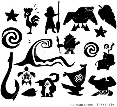 Tropical Island Adventure Silhouettes Ocean Mythology Icons Tropical Island Adventure Silhouettes Ocean Mythology Icons 123358516