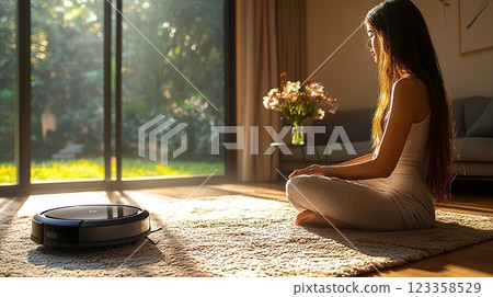 Woman meditates peacefully while robotic vacuum cleans in sunlit living room surrounded by plants and flowers 123358529