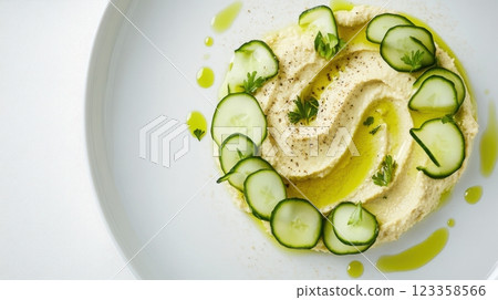 artistic bulgur salad with hummus, fresh cucumbers, and olive oil, sculpted hummus swirls, geometric bulgur mounds, radial cucumber arrangement, gourmet plating, sumac garnish, 123358566