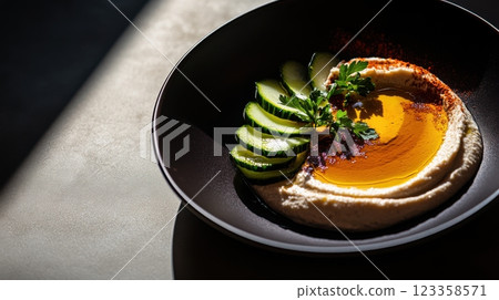 artistic bulgur salad with hummus, fresh cucumbers, and olive oil, sculpted hummus swirls, geometric bulgur mounds, radial cucumber arrangement, gourmet plating, sumac garnish, 123358571