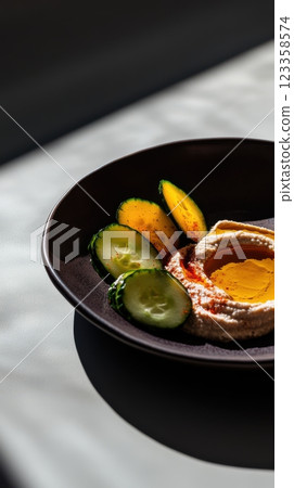 artistic bulgur salad with hummus, fresh cucumbers, and olive oil, sculpted hummus swirls, geometric bulgur mounds, radial cucumber arrangement, gourmet plating, sumac garnish, 123358574