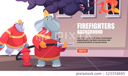 Firefighters animals. elephant and rhinoceros putting out fire 123358695