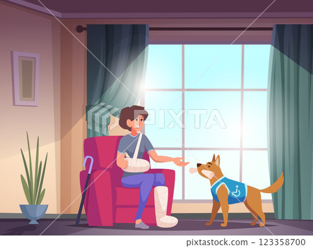 Dog assistant. Domestic pet help a disabled person, brings a newspaper. Dog assistant. Domestic pet help a disabled person, brings a newspaper. 123358700
