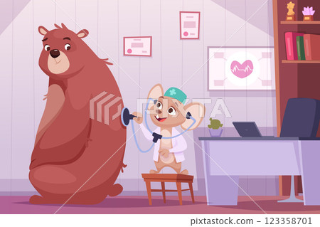 Doctor animal. little cartoon mouse consult and heals big wild bear Doctor animal. little cartoon mouse consult and heals big wild bear 123358701