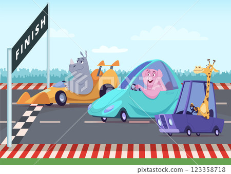 Cartoon race. happy animals on race finishing driving different cars Cartoon race. happy animals on race finishing driving different cars 123358718