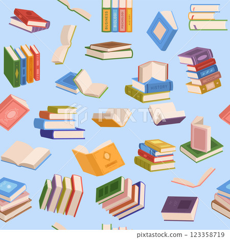Books pattern. vector seamless background with stack opened and closed books. literature concept Books pattern. vector seamless background with stack opened and closed books. literature concept 123358719