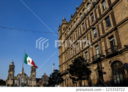 Historical National Palace of Mexico City, Zocalo Constitution Square and the Metropolitan Cathedral in Mexico city. 123358722