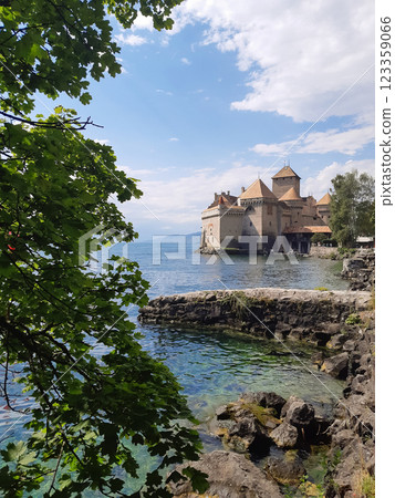 the beautiful landscape of Chillon Castle on the shore of the lake the beautiful landscape of Chillon Castle on the shore of the lake 123359066