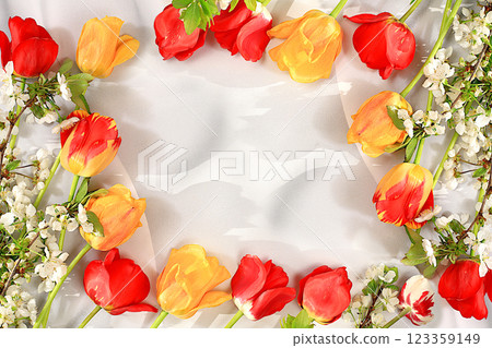 Floral holiday card with summer greeting concept. Abstract floral composition with beautiful spring blooming tulips and cherry blossom branches on elegant sunny background. Still life with space for 123359149