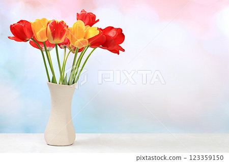 Beautiful spring blooming tulips in vase on elegant background. Abstract floral arrangement and banner for screen, Still life with place for text, Floral holiday card with summer greeting concept. Beautiful spring blooming tulips in vase on elegant background. Abstract floral arrangement and banner for screen, Still life with place for text, Floral holiday card with summer greeting concept. 123359150
