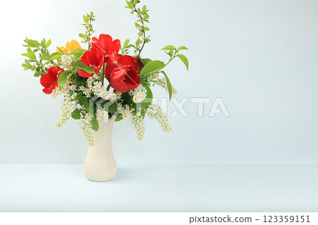 Home interior with decor elements, beautiful spring branches of bird cherry and tulips in a vase on a light background, abstract flower arrangement, still life with place for text, flower card for Home interior with decor elements, beautiful spring branches of bird cherry and tulips in a vase on a light background, abstract flower arrangement, still life with place for text, flower card for 123359151