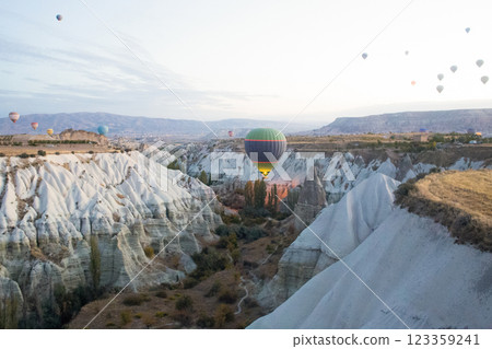 beautiful scenery flight of balloons in the mountains of Cappadocia in love valley 123359241