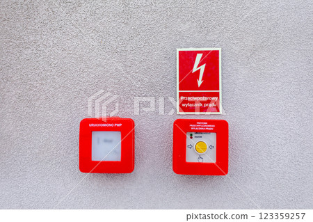 Signage for Electrical Safety and Emergency Situation Button Activation Procedures Signage for Electrical Safety and Emergency Situation Button Activation Procedures 123359257